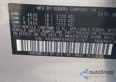 2024 Subaru Legacy Premium из США, поврежденный, VIN 4S3BWAF6XR3010197